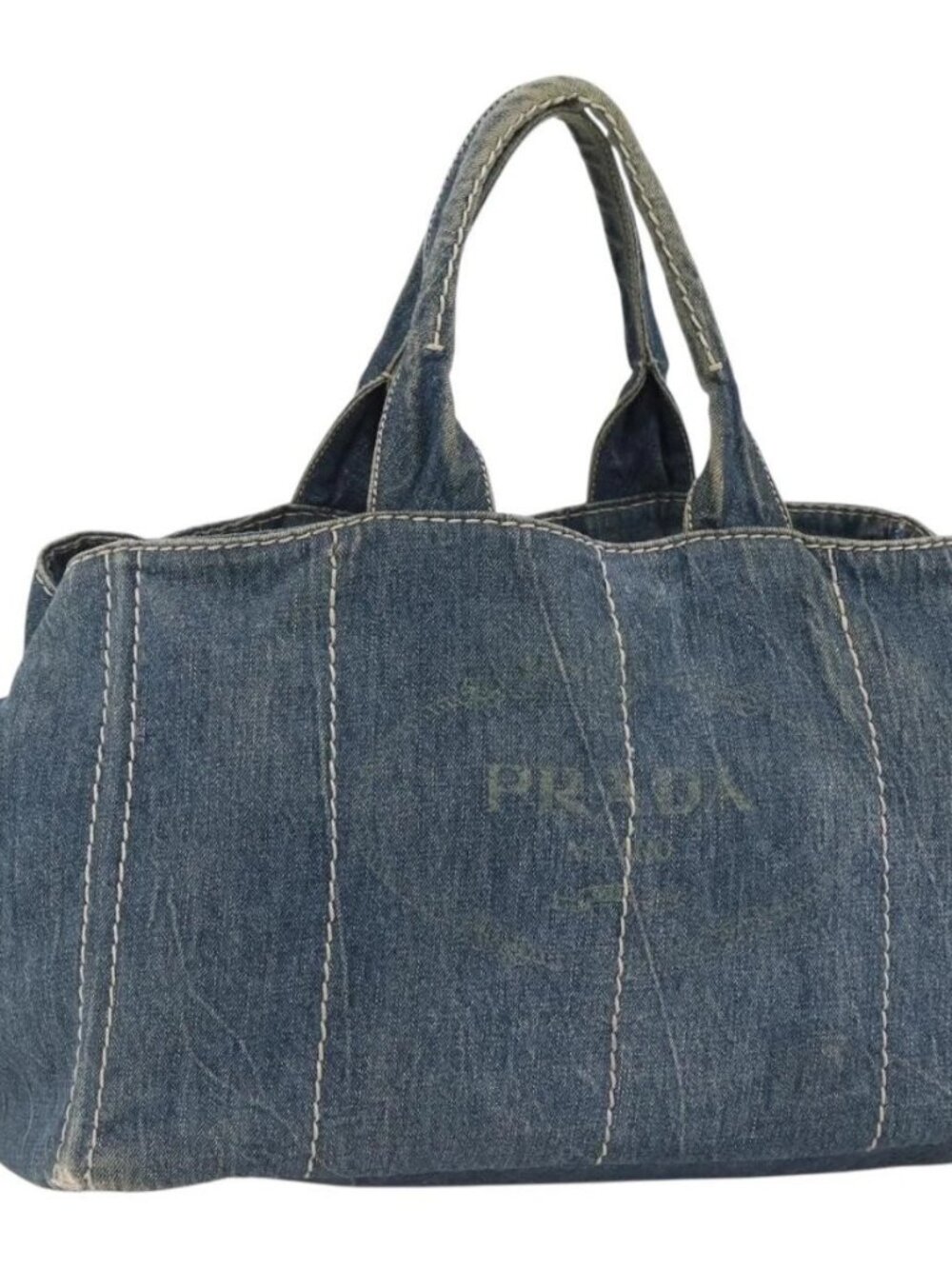 PRADA Canapa GM Hand Bag Denim Blue Gold Auth 173937 - Picture 2 of 16